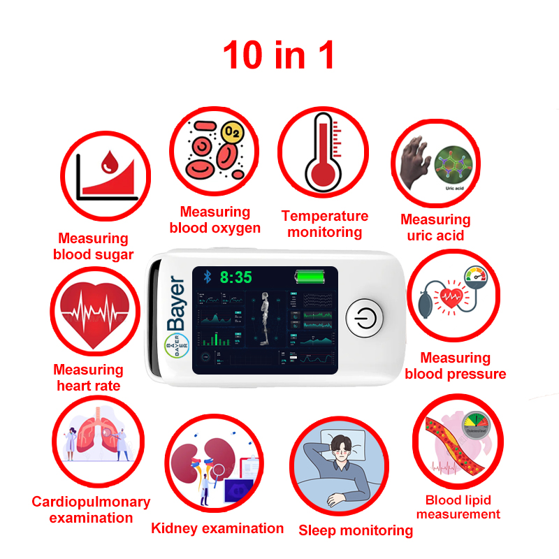 10 in 1 (misurazione non invasiva della glicemia + acido urico + ossigeno nel sangue + frequenza cardiaca + pressione sanguigna + monitoraggio del sonno + monitoraggio della temperatura corporea + esame cardiopolmonare + esame dei reni + misurazione dei lipidi nel sangue)