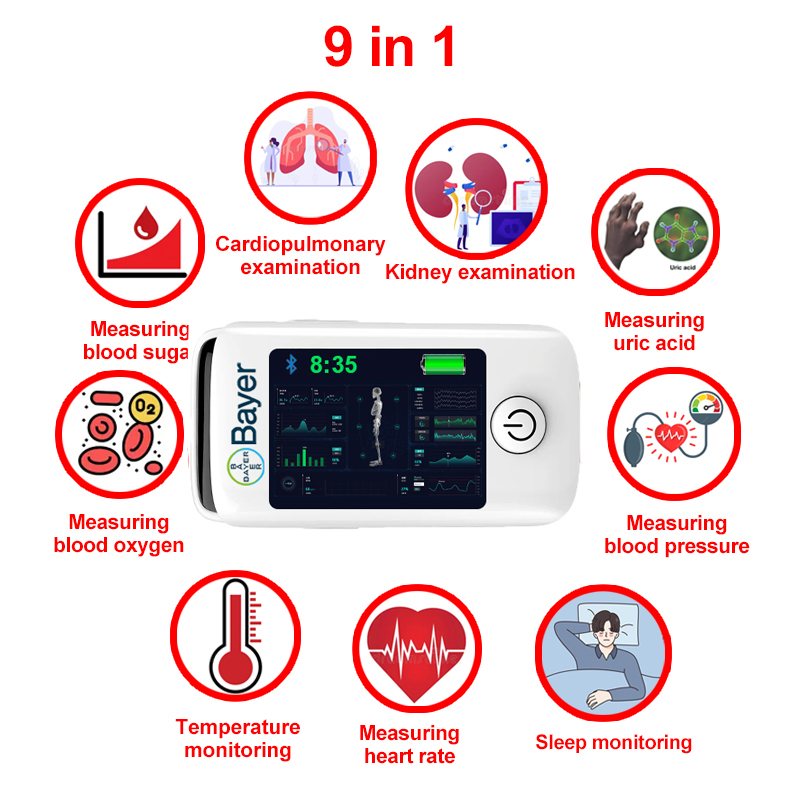 9 in 1 (glicemia non invasiva + acido urico + ossigeno nel sangue + frequenza cardiaca + pressione sanguigna + monitoraggio del sonno + monitoraggio della temperatura corporea + esame cardiopolmonare + esame dei reni)